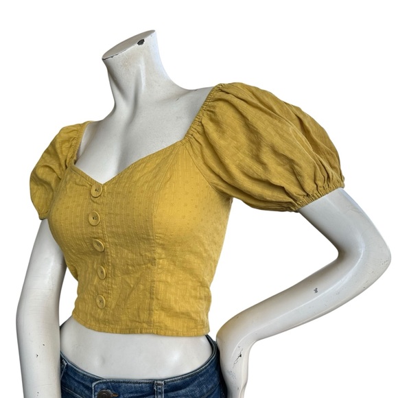 ModCloth Yellow Smocked Back Puff Sleeve Prairie Cropped Milkmaid Top Size Small - Picture 6 of 7